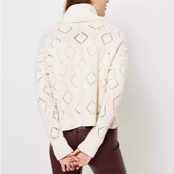 LOFT Wool Blend Turtleneck Chunky Pointelle Knit Oversized Cozy Bobble Sweater S - Picture 9 of 9